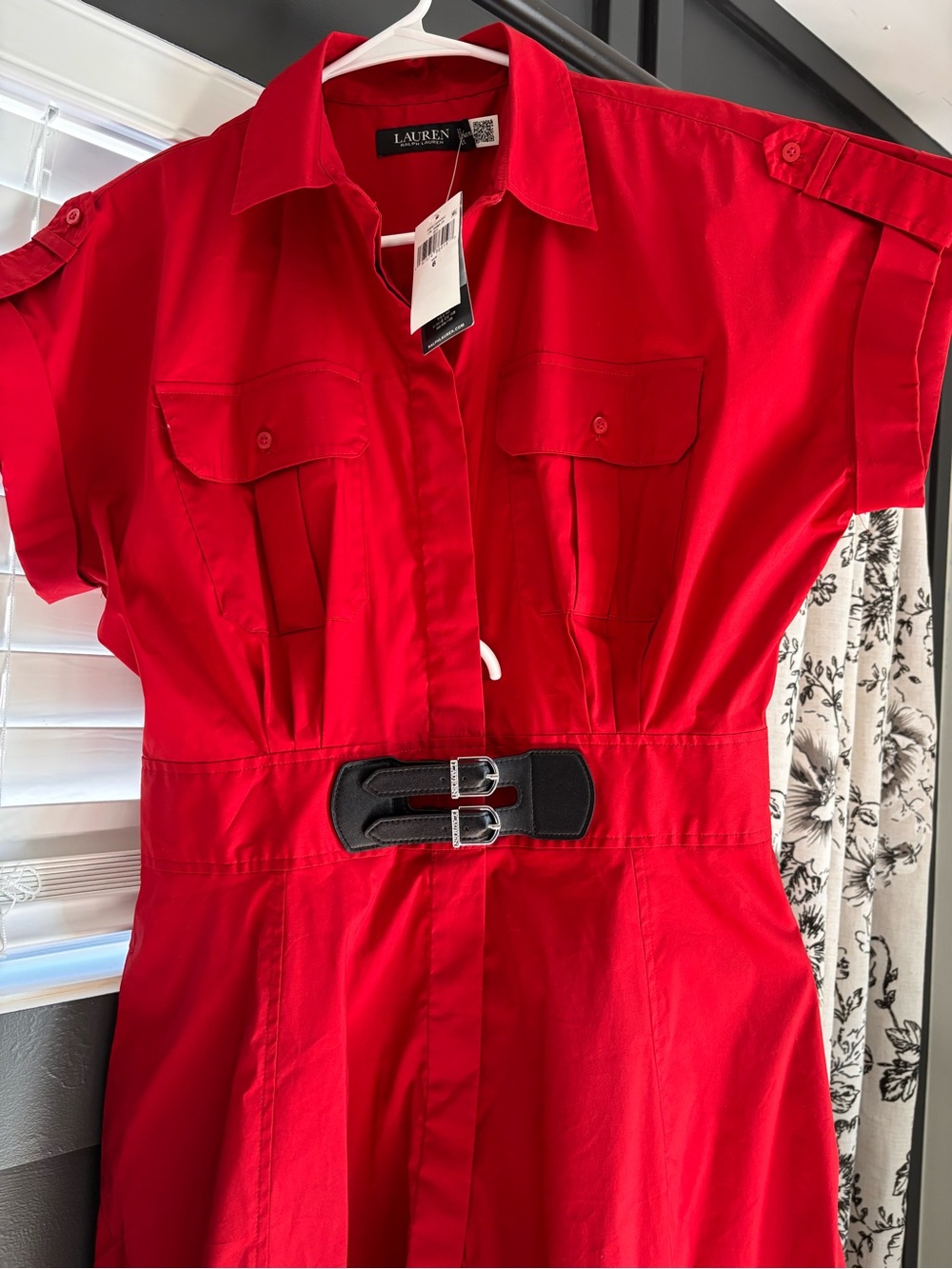 Lauren Ralph Lauren Scarlet Red Shirt Dress with Black Buckle Belt